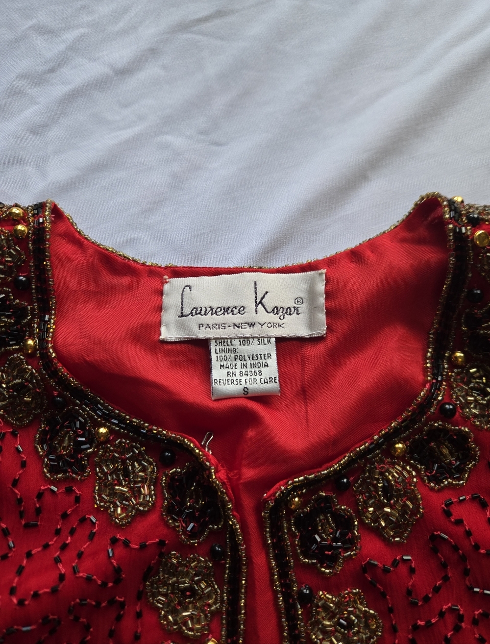 Laurence Kazar Vintage Silk Sequin Beaded Bolero Jacket Red Gold Holiday - Picture 5 of 12